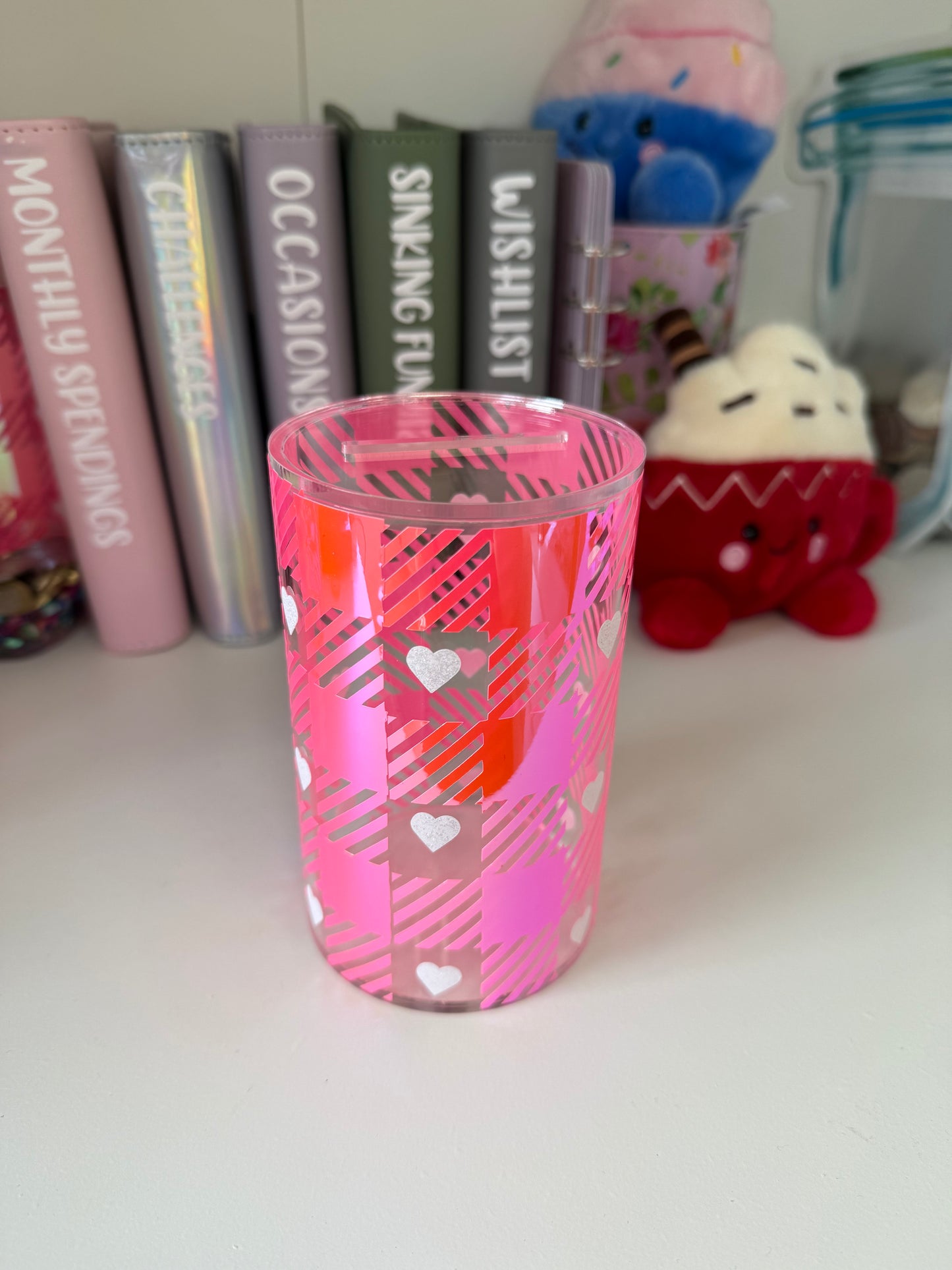 Hot pink plaid money jar