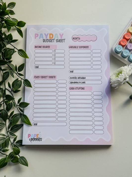 Payday Budget Sheet A4 Notepad
